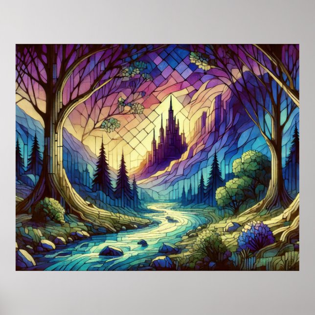 Poster Château Fantastique avec Forêt Enchantée et Rivièr (Devant)