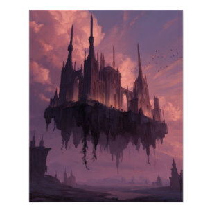 Poster Château gothique flottant dans la lumière rose du
