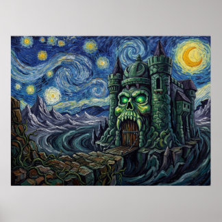 Poster Château Grayskull Paysage Fantastique Nuit Étoilée