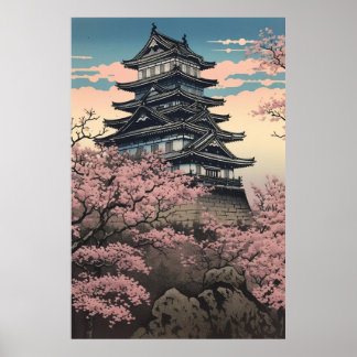 Poster Château Himeji avec fleurs de cerisiers Art japona