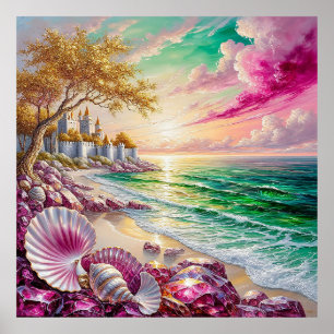 Poster Château Magique au Bord de la Mer au Coucher du So