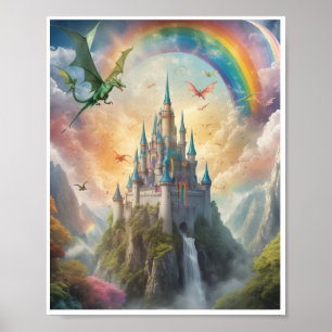 Poster Château magique volant dragons fées arc-en-ciel