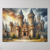 Château médiéval au coucher du soleil avec ciel at