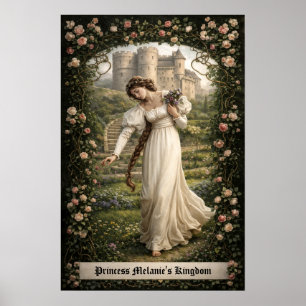 Poster Château médiéval et princesse cueillant des fleurs