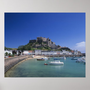 Poster Château Mont Orgueil et port, Gorey, Jersey