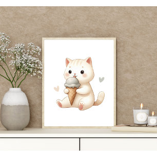 Poster Chaton aquarelle fantaisiste avec cône de glace