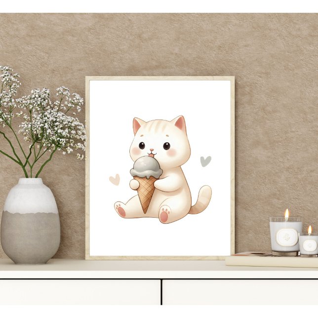 Poster Chaton aquarelle fantaisiste avec cône de glace (Créateur téléchargé)