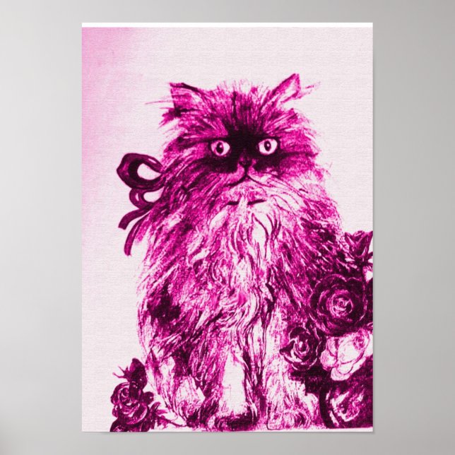 Poster CHATON AUX ROSES ,Rose Fuchsia Blanc (Devant)