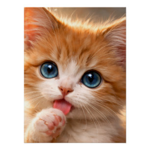 Poster Chaton aux yeux bleus se léchant la patte