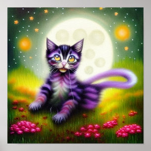 Poster Chaton de fantaisie et lune   