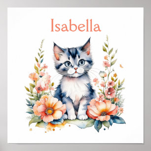 Poster Chaton gris personnalisé dans des fleurs roses