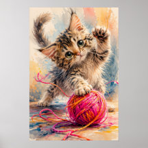 Chaton Jouant avec du Fil Rose Amateur de Chats