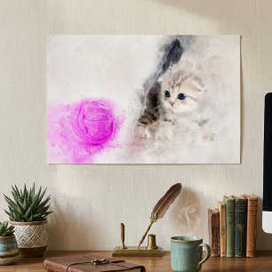 Poster Chaton jouant avec une boule de fil rose aquarelle