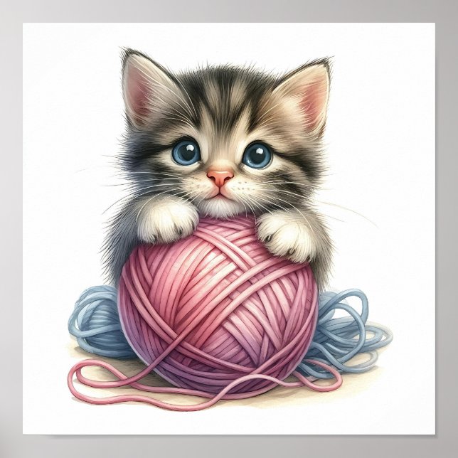Poster Chaton mignon avec boule de fil Chat fantaisiste  (Devant)
