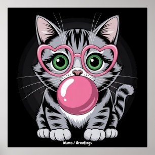 Poster Chaton Mignon Kitty Mangeant de la Gomme et Faisan