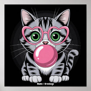 Poster Chaton Mignon Kitty Mangeant de la Gomme et Faisan