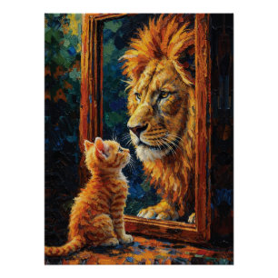 Poster Chaton voyant le reflet de lion, Impasto motivatio