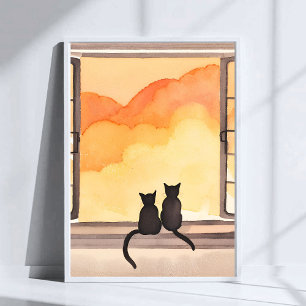 Poster Chats à la fenêtre   Silhouette aquarelle au couch