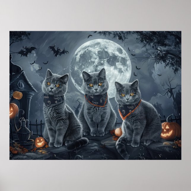 Poster Chats Bleus Russe Halloween Éffrayant (Devant)