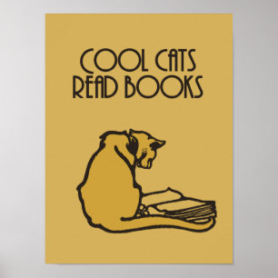 Poster chats cool lire livres style rétro