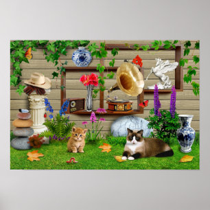 Poster Chats dans le jardin. Une jolie photo drôle.