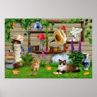 Poster Chats dans le jardin. Une jolie photo drôle.