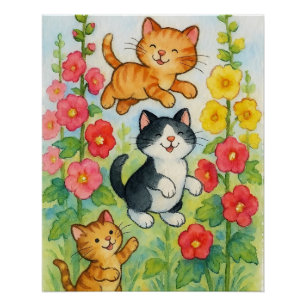Poster Chats de campagne folâtrant dans un jardin fleuri