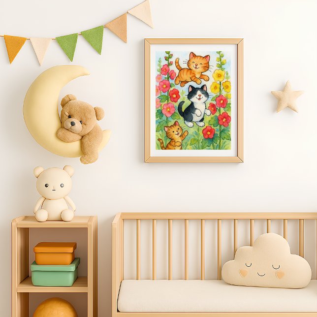 Poster Chats de campagne folâtrant dans un jardin fleuri (Frolicking Country Cats in Garden poster print in situ)