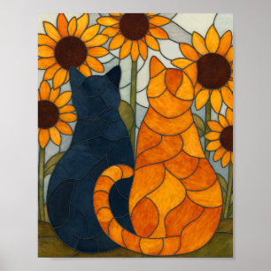 Poster Chats en vitrail et conception d'art de tournesols