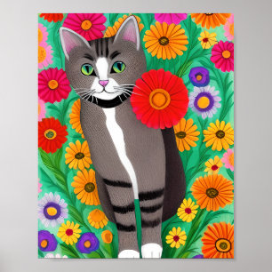 Poster Chats gris et blanc fantaisistes et fleur rouge