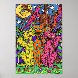 Poster Chats jolies et colorées chantant dessin de dessin