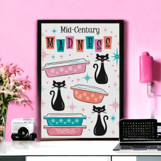 Poster Chats Kitty Noir Rétro Pyrex Folie du milieu du si