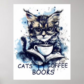 Poster Chats Livres Café Aquarelle Boho Abstrait