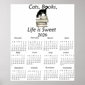 Poster Chats, Livres La vie est douce 2026 Calendrier une