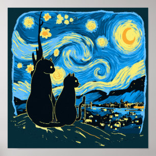 Poster Chats mignons Starry Nuit Van Gogh Père Mère Fils