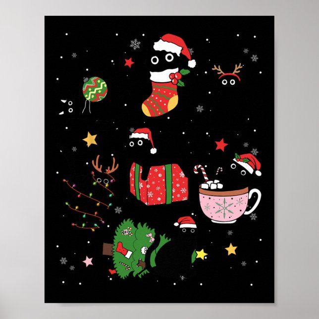 Poster Chats noirs amusants Santa Hat sapin de Noël Joyeu (Devant)