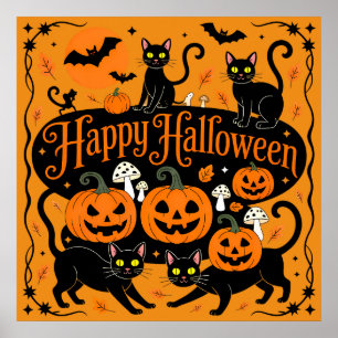 Poster Chats noirs Citrouilles et chauves-souris heureux