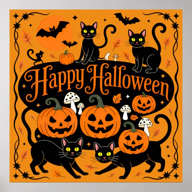 Poster Chats noirs Citrouilles et chauves-souris heureux  (Devant)