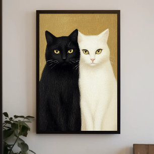 Poster Chats noirs et blancs sur fond doré peinture
