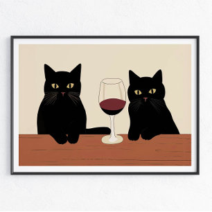 Poster Chats noirs et vin rouge minimaliste