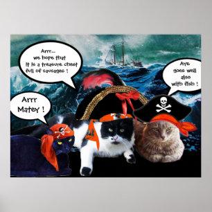 POSTER CHATS PIRATES PARLANT ET NAVIRE DANS LA TEMPÊTE EN