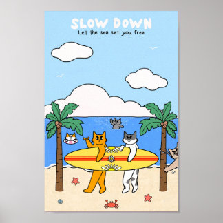 Poster Chats qui surfent sur la plage, ambiance estivale