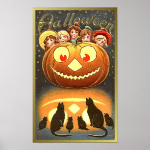 Poster Chats regarder les enfants et Citrouille Halloween