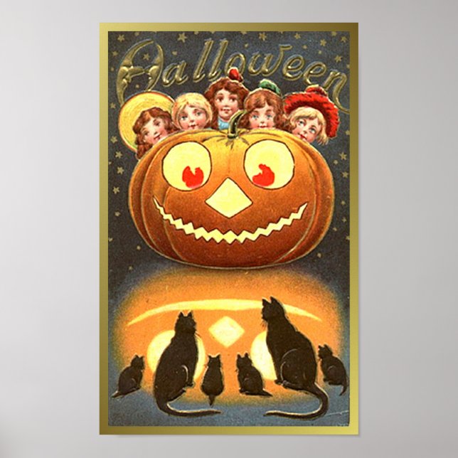 Poster Chats regarder les enfants et Citrouille Halloween (Devant)