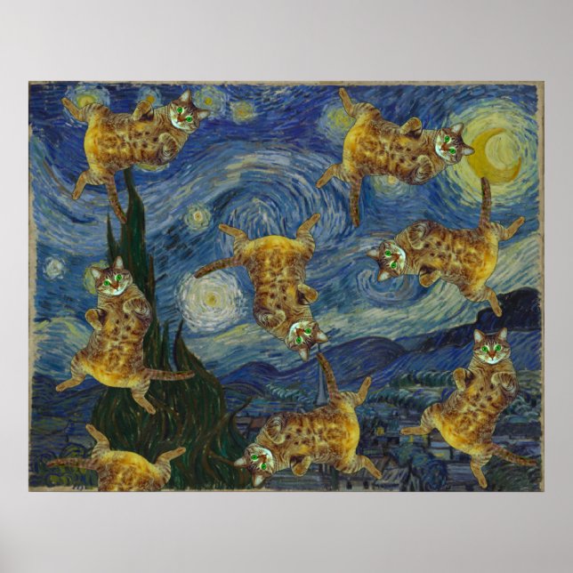 Poster Chats rock dans la "nuit étoilée" de Van Gogh (Devant)