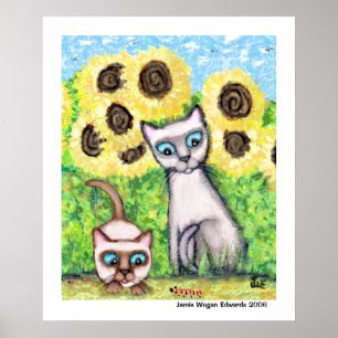 Poster Chats siamois avec Caterpillar et des tournesols