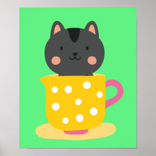 Poster Chatte mignonne en dessin animé sur la menthe