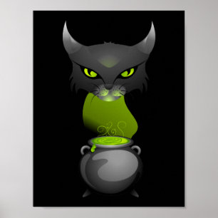 Poster Chaudron de chat de Halloween avec la vapeur verte