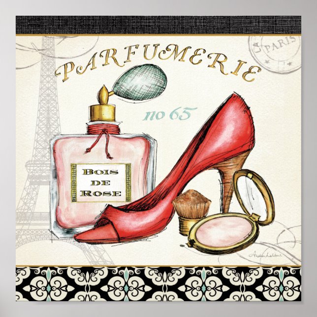 Poster Chaussure rouge, Bouteille de parfum et Poudre rou (Devant)