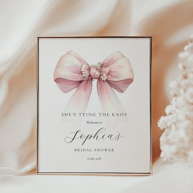 Poster Chaussures Attachant La Fête des mariées Knot Bien (shes tying the knot welcome poster pink bow feminine bridal shower coquette theme)